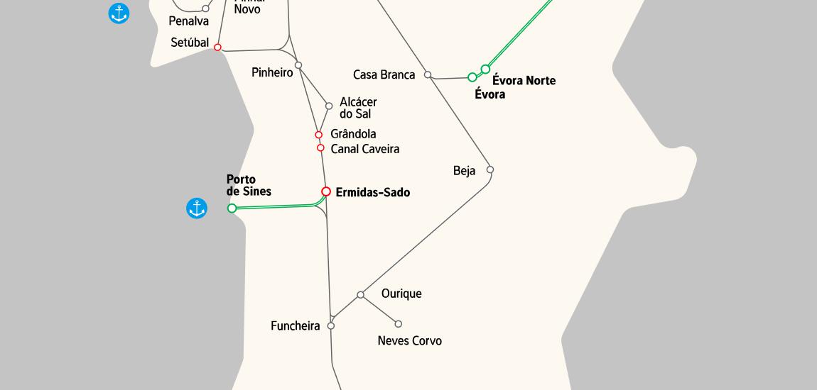 Mapa - Linha de Sines, Troço Sines - Ermidas do Sado
