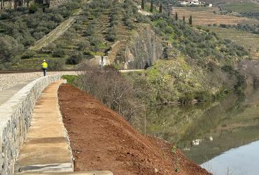 Imagem de obra de estabilização de talude de aterro concluída, na Linha do Douro